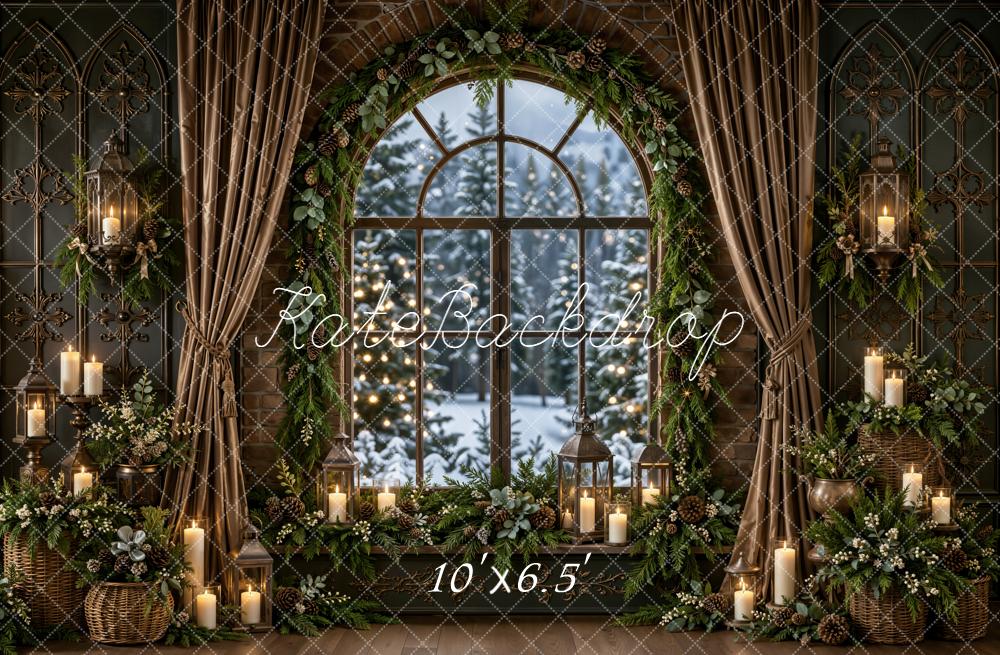 Kate Christmas Arched Window Candle Evergreen Garland Printed Backdrop Designed by Emetselch