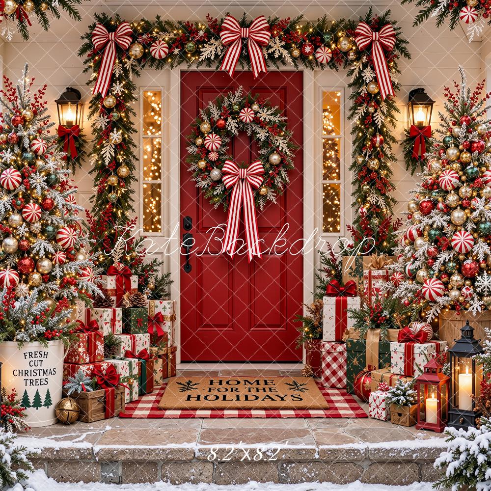 Kate Christmas Red Front Door Peppermint Trees Garland Snow Printed Backdrop Designed by Shutter Swan Studios