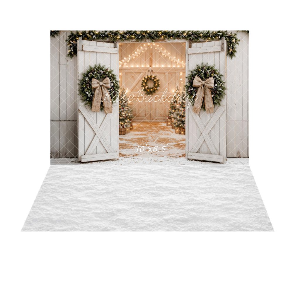 Kate Christmas White Barn Door Wreaths Bow Entryway Printed Backdrop+White Snow Floor Printed Backdrop