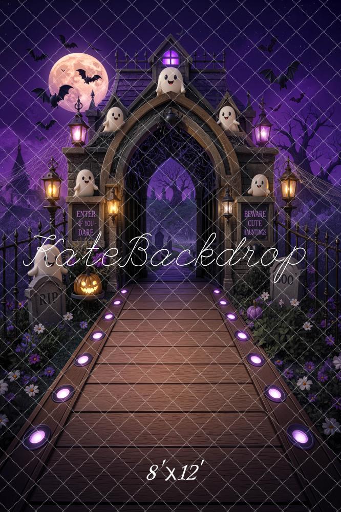 Kate Halloween Trunk or Treat Haunted Gate Ghosts Purple Printed Backdrop Designed by Mini MakeBelieve