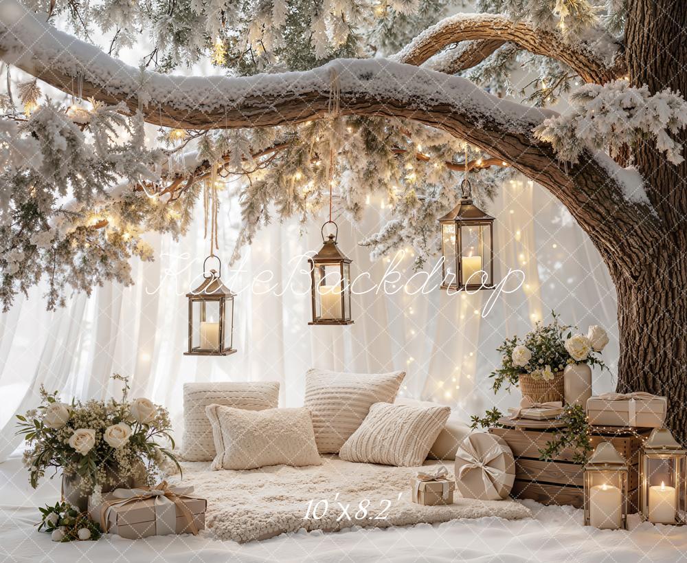 Kate Christmas Branch Arch Snowy Tree Lanterns Pillows Gifts Printed Backdrop Designed by Emetselch