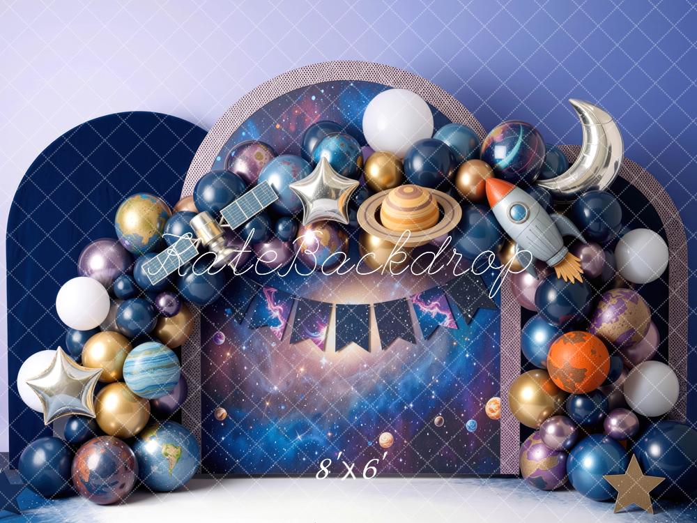 Kate Birthday Space Balloon Arch Planets Rocket Moon Printed Backdrop Designed by Mini MakeBelieve