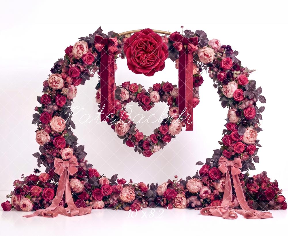 Kate Valentines Arch Burgundy Rose Flower Heart Printed Backdrop Designed by Angela Miller