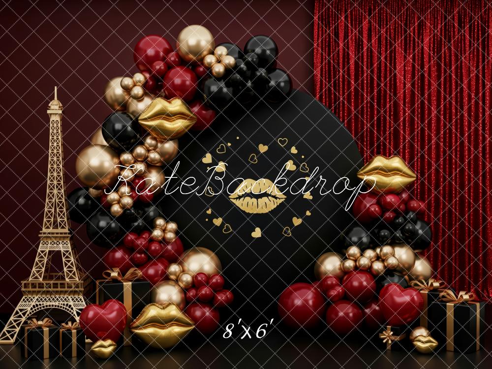 Kate Valentine's Day Eiffel Tower Lips Balloons Hearts Red Curtain Printed Backdrop Designed by Patty Roberts