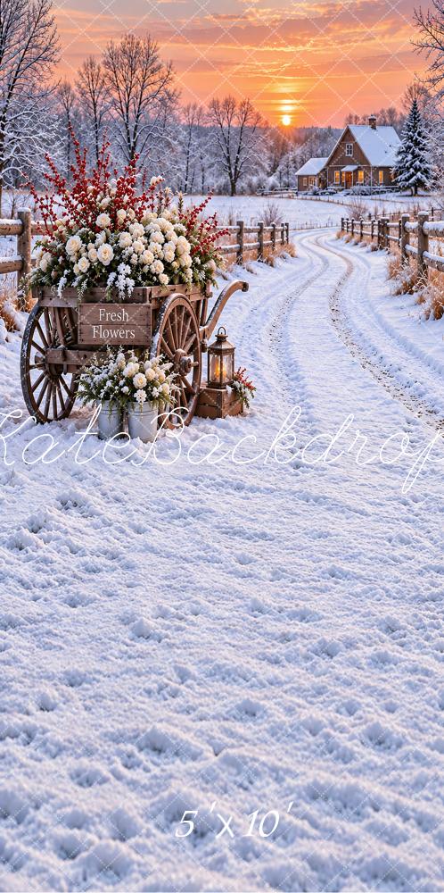 Kate Sweep Winter Snowy Cottage Flower Cart Sunset Printed Backdrop Designed by Vertigo Productions