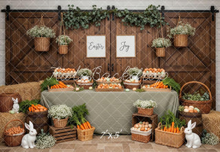 Kate Easter Bunny Carrots Eggs Basket Barn Printed Backdrop Designed by Patty Roberts