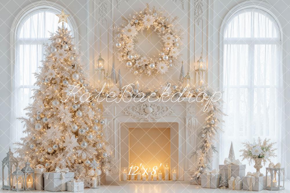 Kate Christmas Tree White Elegant Wreath Fireplace Printed Backdrop Designed by Mini MakeBelieve