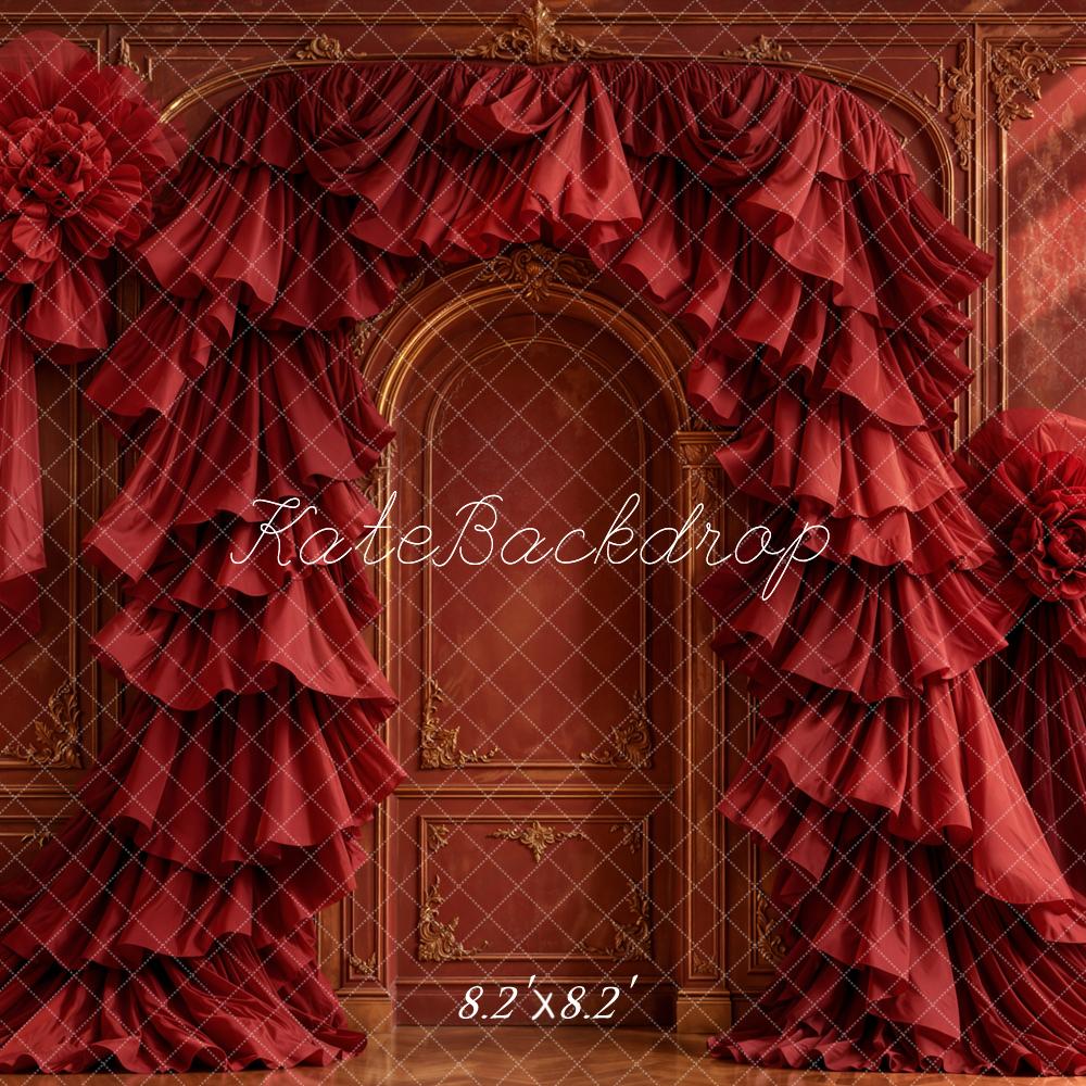 Kate Romantic Red Ruffled Drapery Fabric Rosettes Ornate Retro Wall Printed Backdrop Designed by Emetselch