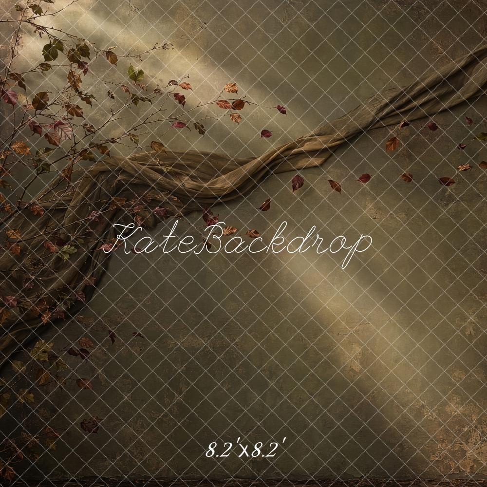 Kate Fall Branches Draped Fabric Light Rays Olive Green Printed Backdrop Designed by Shutter Swan Studios