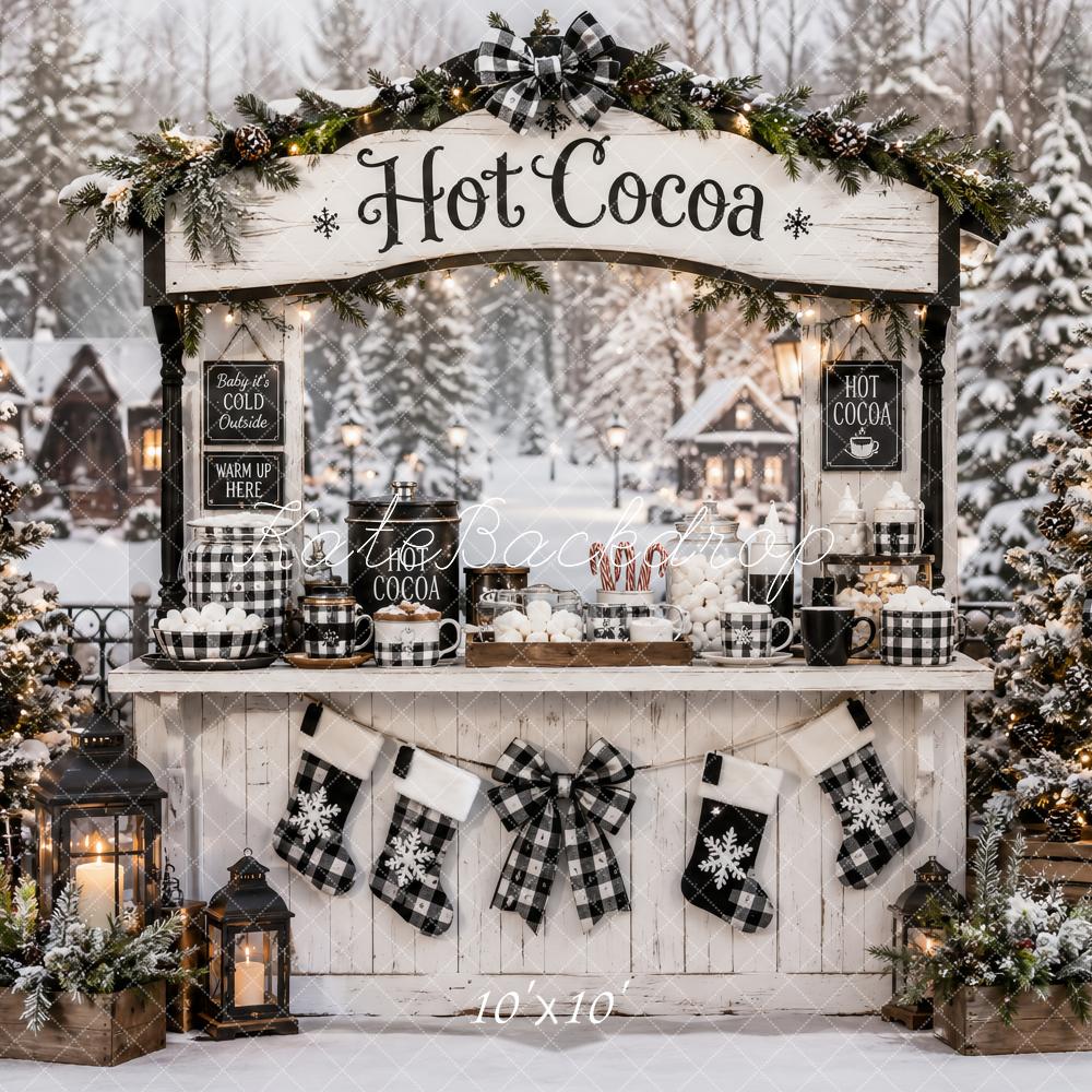 Kate Christmas Black Plaid Hot Cocoa Stand Snowy Forest Printed Backdrop Designed by Ashley Paul