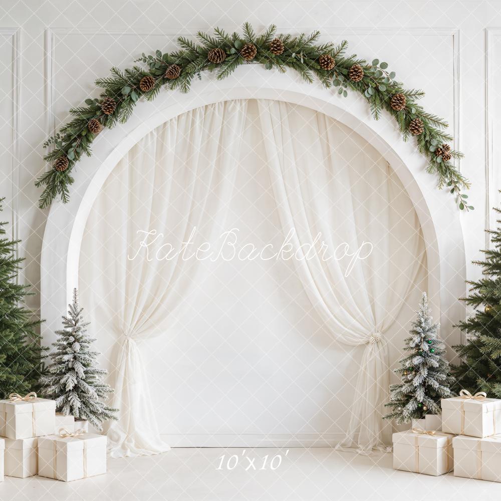 Kate Christmas Minimalist White Arched Wall Pine Tree Gift Printed Backdrop Designed by Emetselch