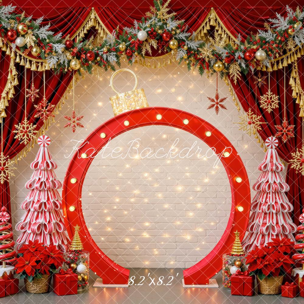 Kate Christmas Red Giant Ornament Candy Cane Trees Curtains Printed Backdrop Designed by Mini MakeBelieve