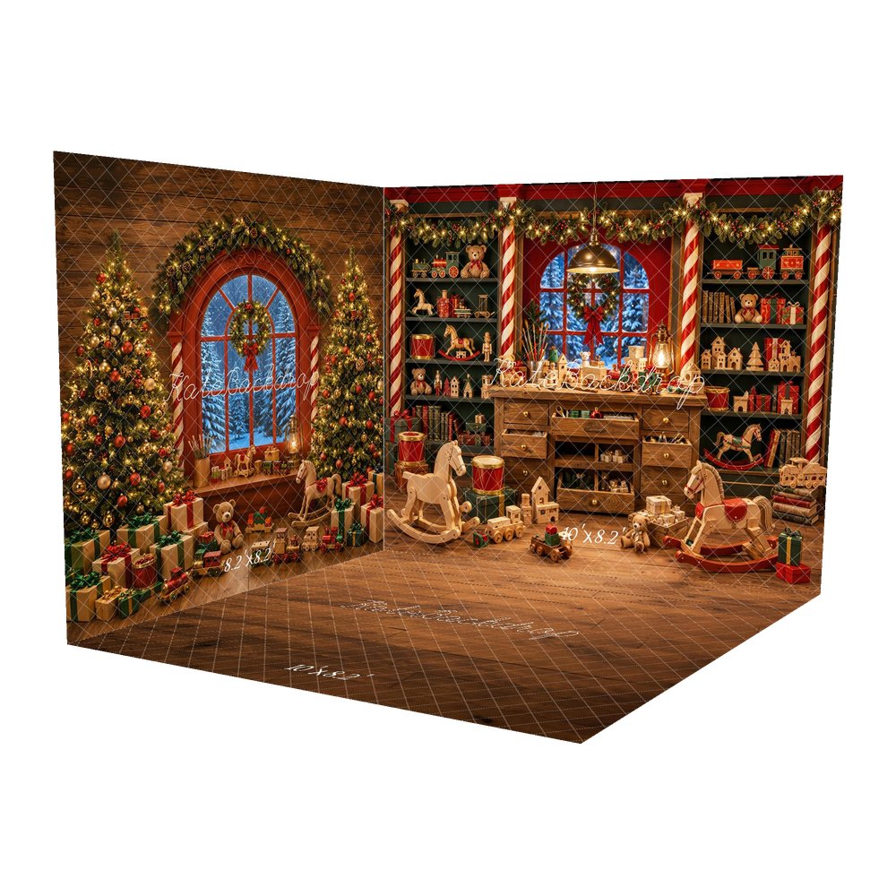 Kate Christmas Toys Room Wooden Rocking Horse Teddy Bear Printed Backdrop Room Set