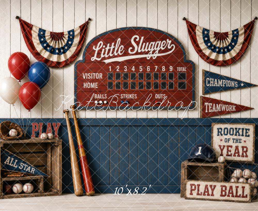Kate Baseball Vintage Scoreboard Bats Crates Balloons Bunting Printed Backdrop Designed by Shutter Swan Studios