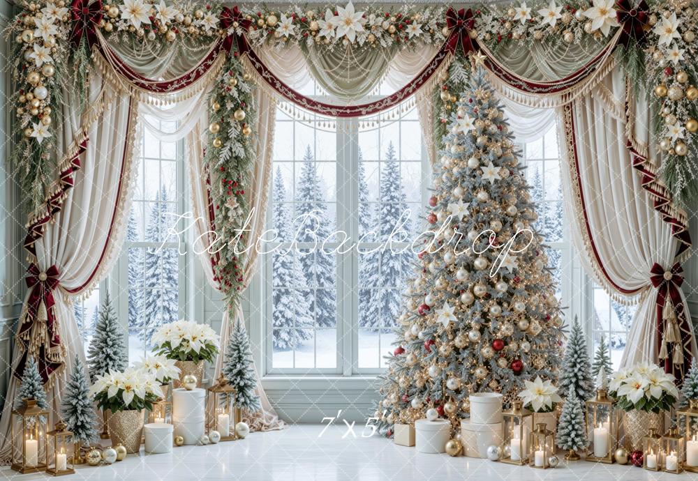 Kate Christmas Tree Window Luxury Drapery Poinsettia Printed Backdrop Designed by Mini MakeBelieve