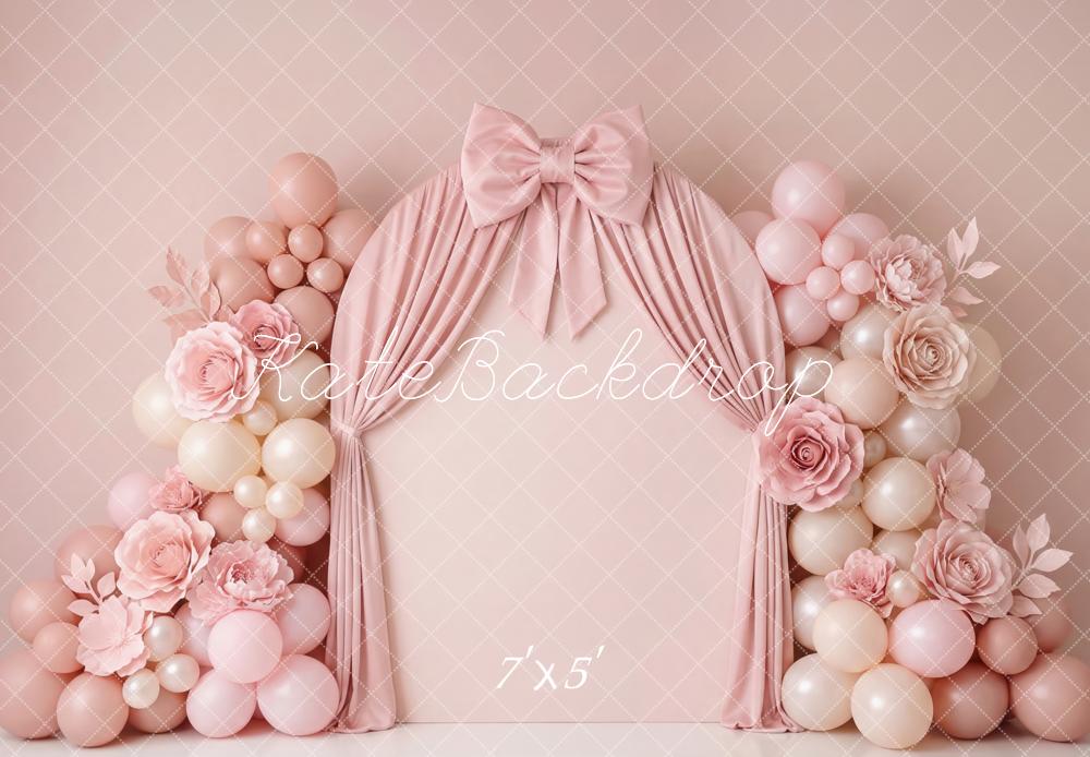 Kate Cake Smash Pink Balloon Flower Arch Curtain Bow Printed Backdrop Designed by Patty Roberts