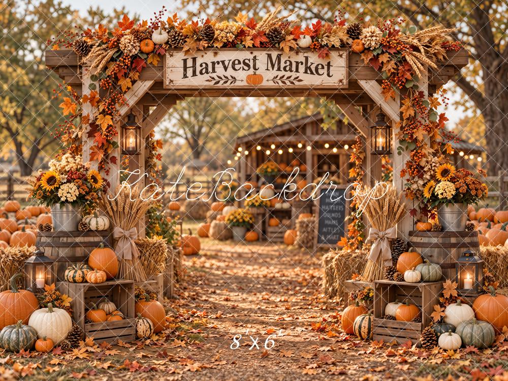 Kate Fall Harvest Market Arch Pumpkins Cabin Printed Backdrop Designed by Emetselch