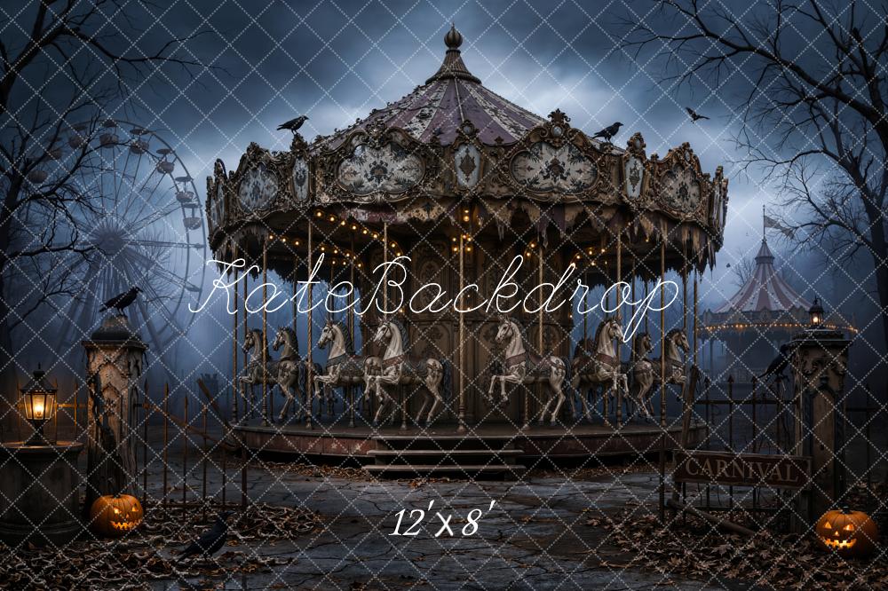 Kate Halloween Night Haunted Carousel Pumpkins Printed Backdrop Designed by Chain Photography