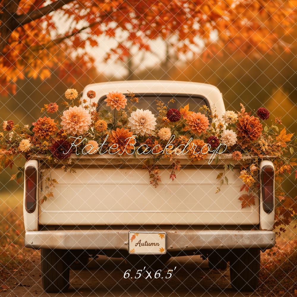 Kate Fall Vintage Truck Orange Floral Forest Printed Backdrop Designed by Emetselch