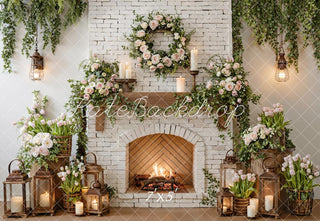 Kate White Brick Fireplace Floral Lanterns Printed Backdrop Designed by Emetselch