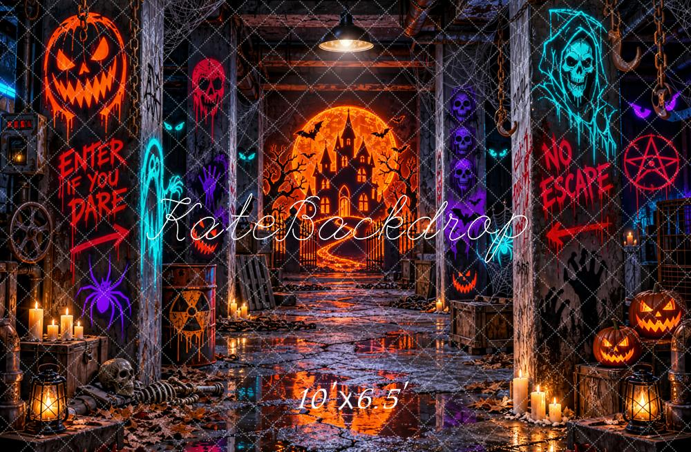 Kate Halloween Haunted Castle Hallway Pumpkins Printed Backdrop Designed by Emetselch