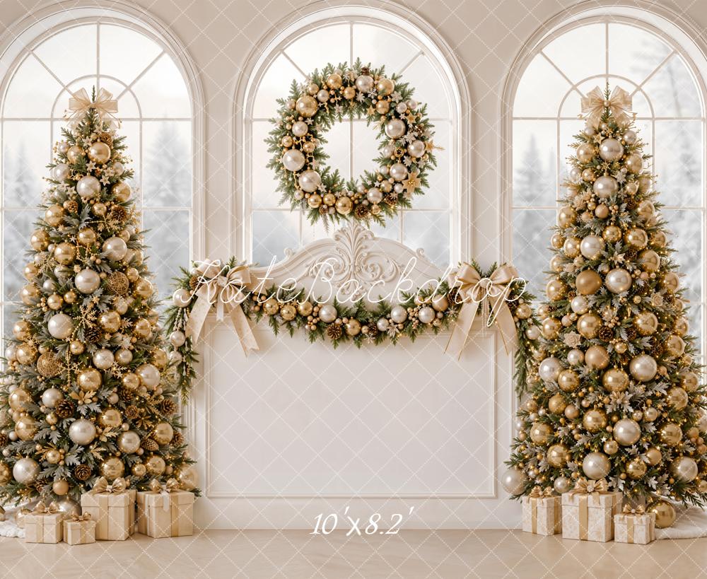 Kate Christmas Headboard Gold Christmas Trees Wreath Garland Window Printed Backdrop Designed by Emetselch