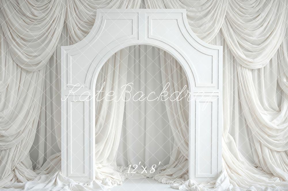 Kate White Arch Decorative Panel Draped Curtains Printed Backdrop Designed by Mini MakeBelieve
