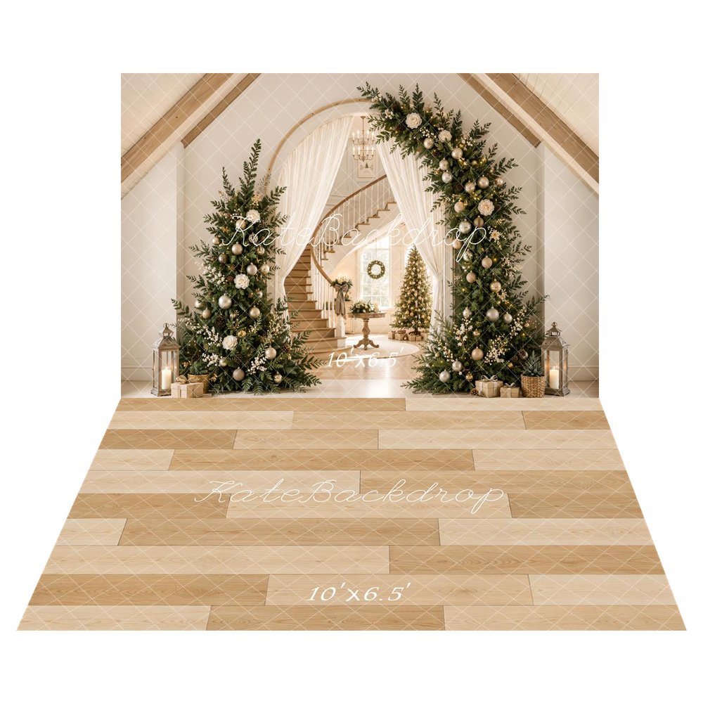 Kate Christmas Tree Arch Staircase Entryway Cream Drapes Printed Backdrop+Beige Wood Plank Floor Printed Backdrop