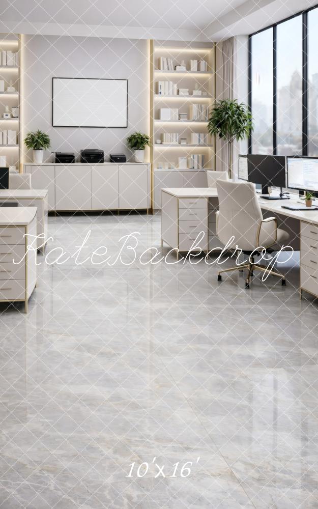 Kate Sweep Modern Office Bookshelves Cabinets White Desk Printed Backdrop Designed by Vertigo Productions