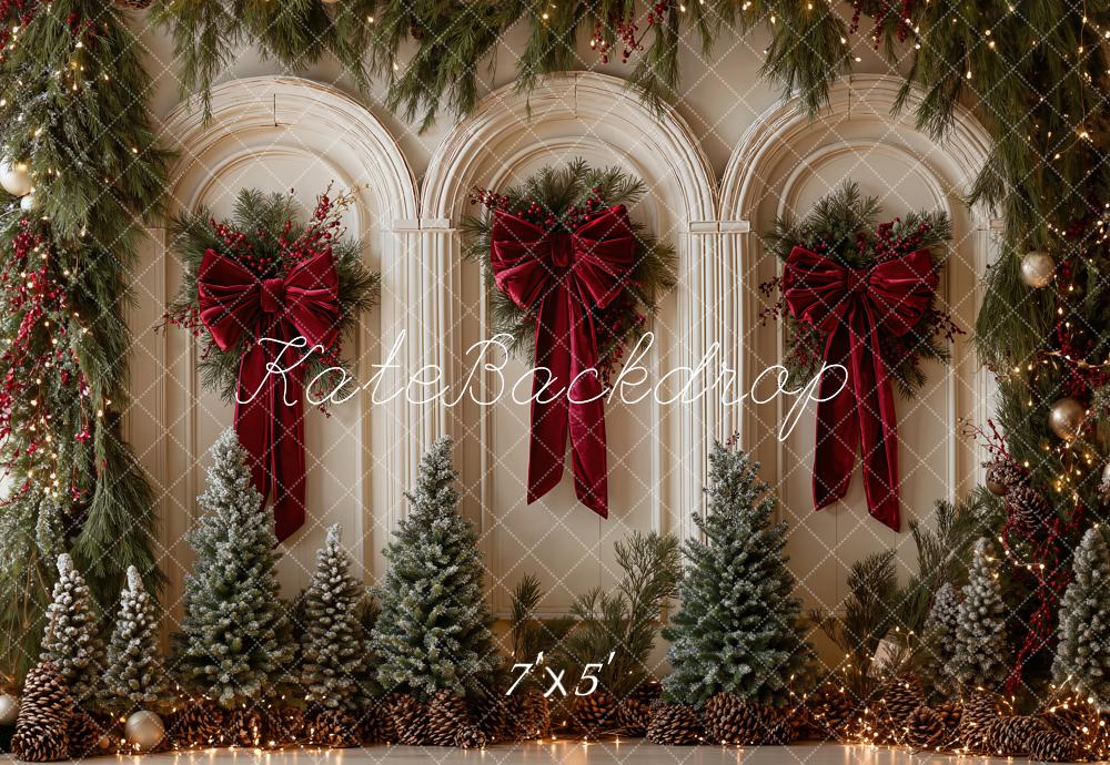 Kate Christmas Arched Wall Pine Trees Red Bows Printed Backdrop Designed by Emetselch