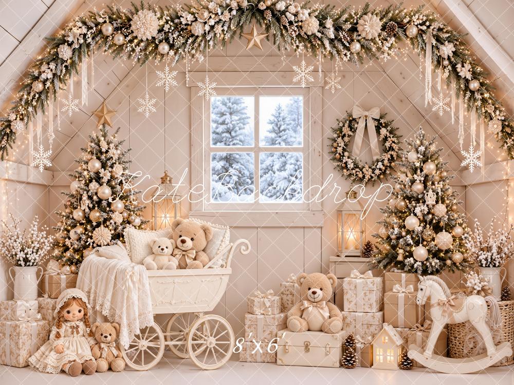 Kate Christmas Trees Beige Nursery Teddy Bears Baby Carriage White Printed Backdrop Designed by Emetselch