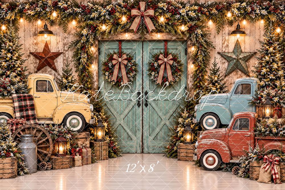 Lightning Deal Kate Christmas Vintage Trucks Barn Door Wreaths Garland Rustic Printed Backdrop Designed by Laura Bybee