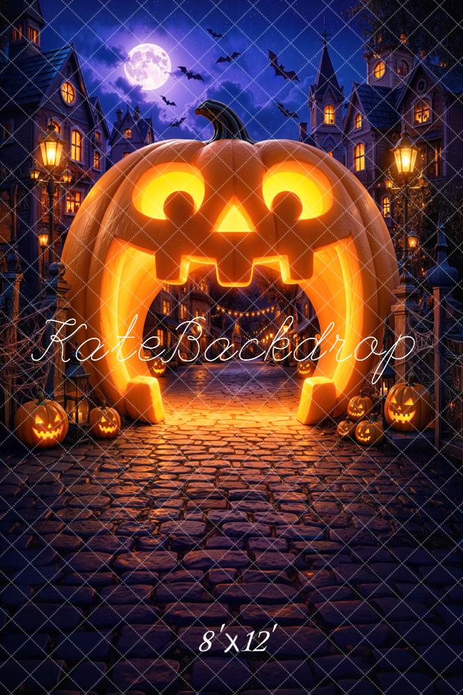 Kate Halloween Trunk or Treat Pumpkin Arch Haunted Village Cobblestone Printed Backdrop Designed by Mini MakeBelieve
