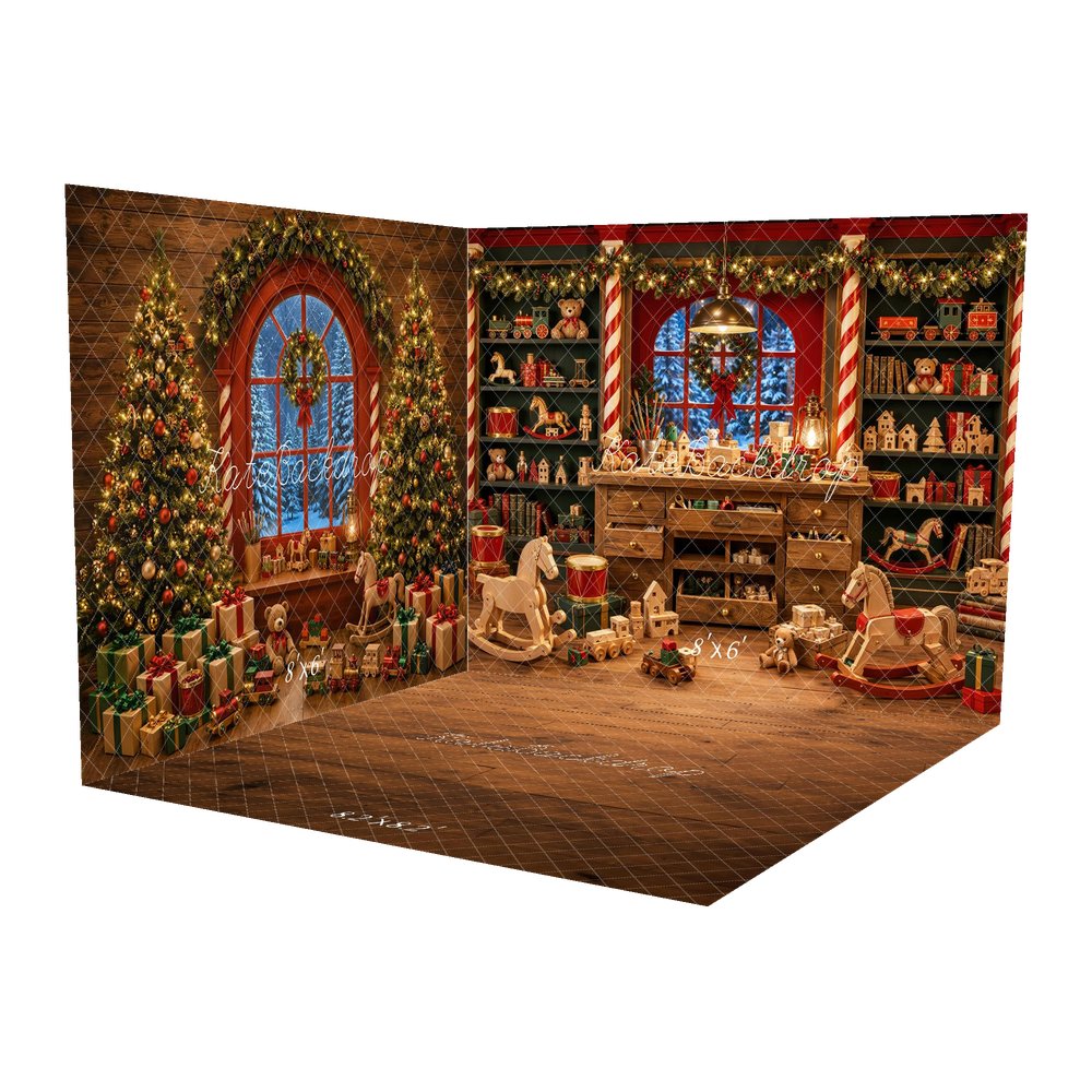 Kate Christmas Toys Room Wooden Rocking Horse Teddy Bear Printed Backdrop Room Set