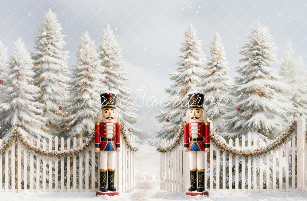 Kate Christmas Nutcracker Snowy Pine Trees White Fence Backdrop Designed by Emetselch