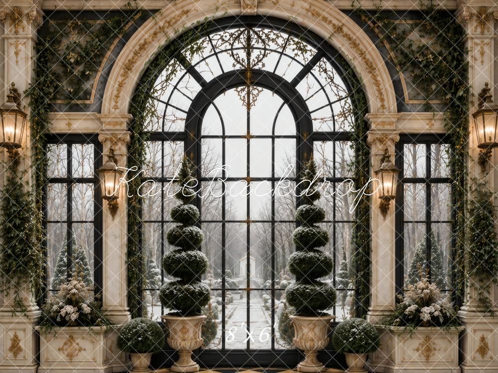 Kate Elegant Arched Window Ivy Topiary Snow Garden Printed Backdrop Designed by Vertigo Productions