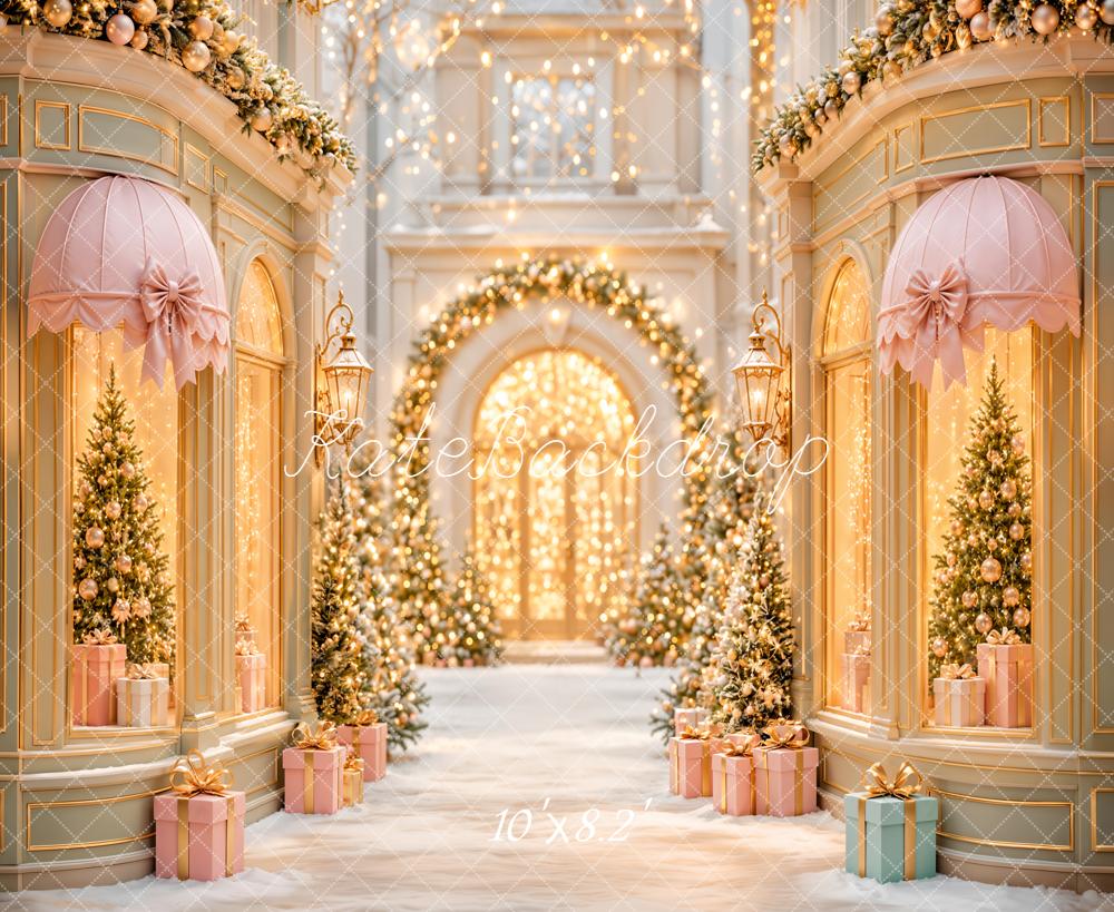 Kate Christmas Shop Windows Christmas Trees Pink Gold Gifts Snow Printed Backdrop Designed by Emetselch
