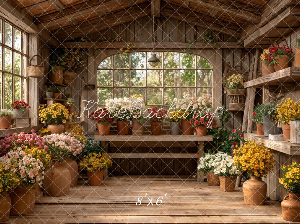 Kate Spring Rustic Wooden Greenhouse Flower Pots Backdrop Designed by Emetselch