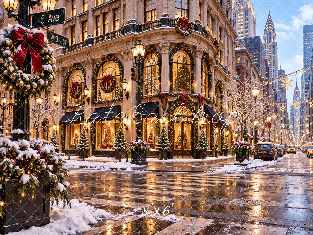 Kate Christmas New York City Street Snowy Cityscape Crosswalk Printed Backdrop Designed by Jordan Moon