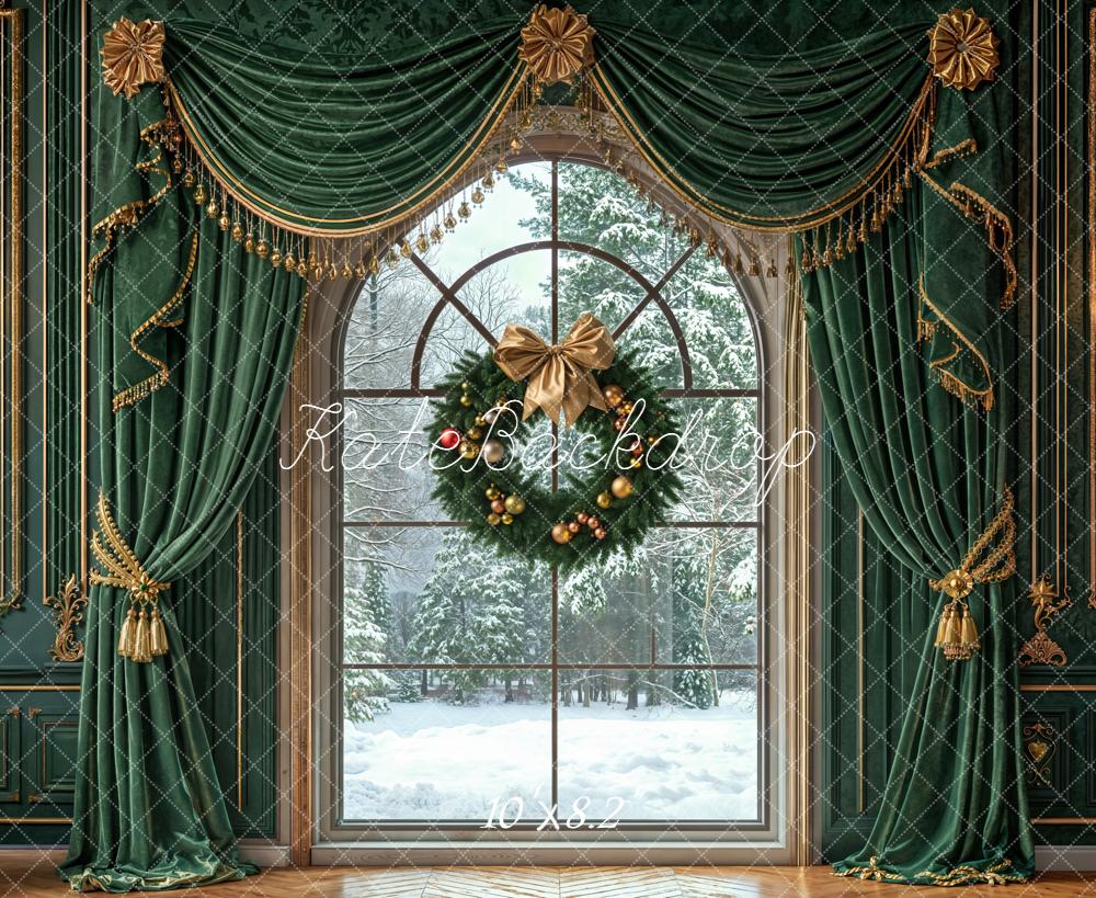 Kate Christmas Retro Green Curtain Arched Window Wreath Backdrop Designed by Emetselch