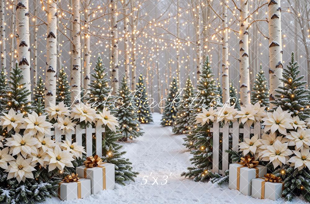 Kate Christmas Birch Forest Poinsettia Snow Presents Lights Printed Backdrop Designed by Mini MakeBelieve