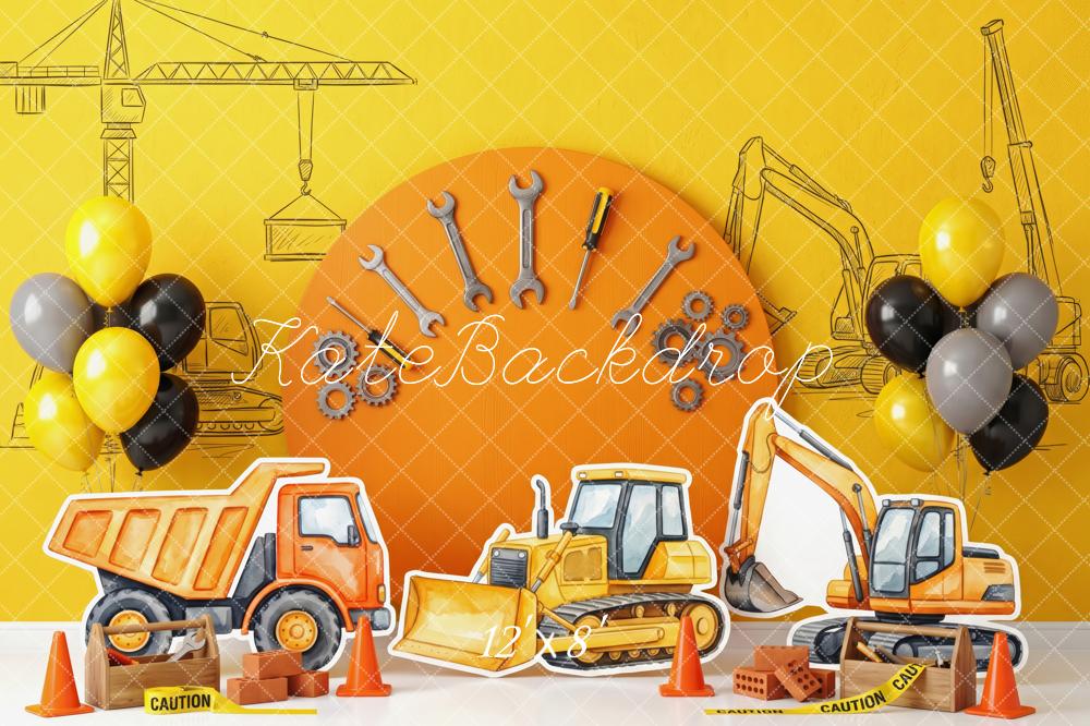 Kate Cake Smash Construction Trucks Tools Balloons Little Builders Printed Backdrop Designed by Patty Roberts