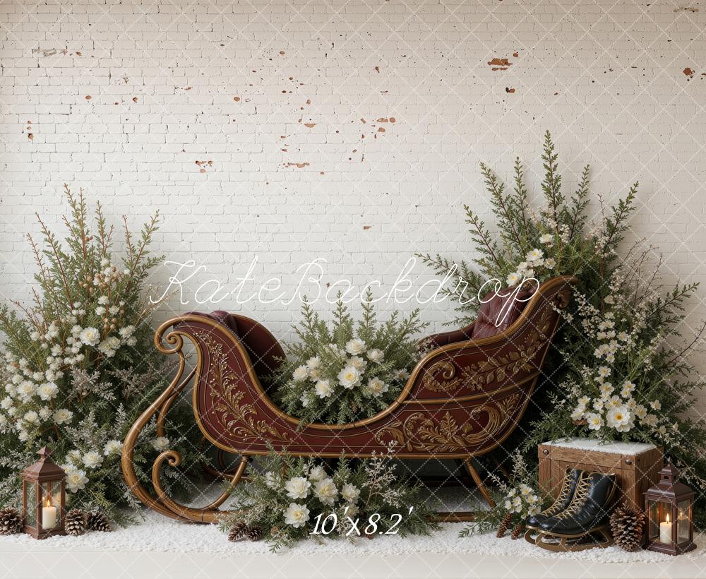 Kate Christmas Sleigh White Flowers Pine Greenery Brick Wall Printed Backdrop Designed by Ashley Ward