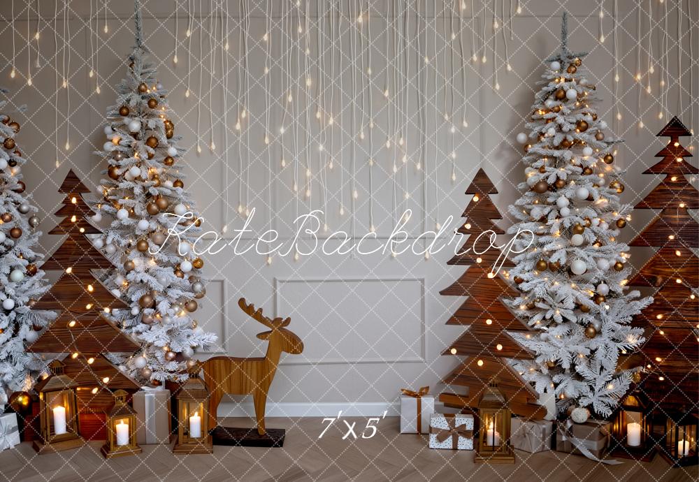 Kate Christmas Trees Wooden Reindeer Lanterns Printed Backdrop Designed by Fantasyphotoart