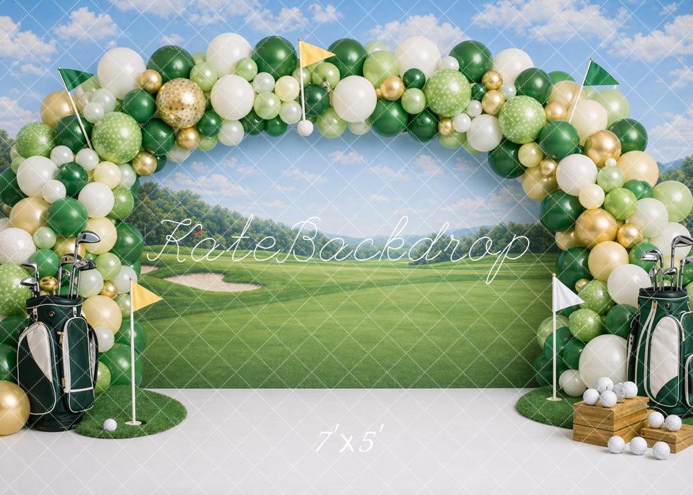 Kate Birthday Golf Course Balloon Arch Green Fairway Printed Backdrop Designed by Caitlin Lynch