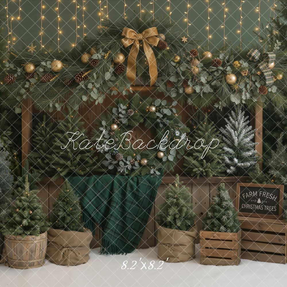 Kate Christmas Tree Farm Rustic Bow Lights Printed Backdrop Designed by Emetselch