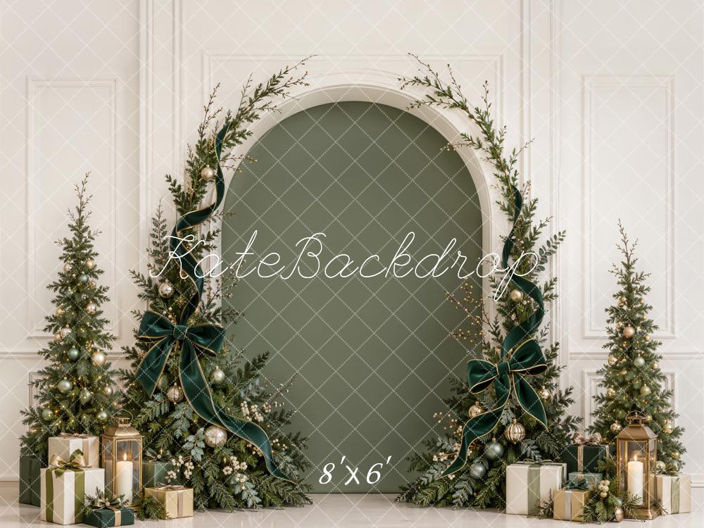 Kate Christmas Evergreen Arch Trees Green Velvet Bow Gifts Printed Backdrop Designed by Emetselch