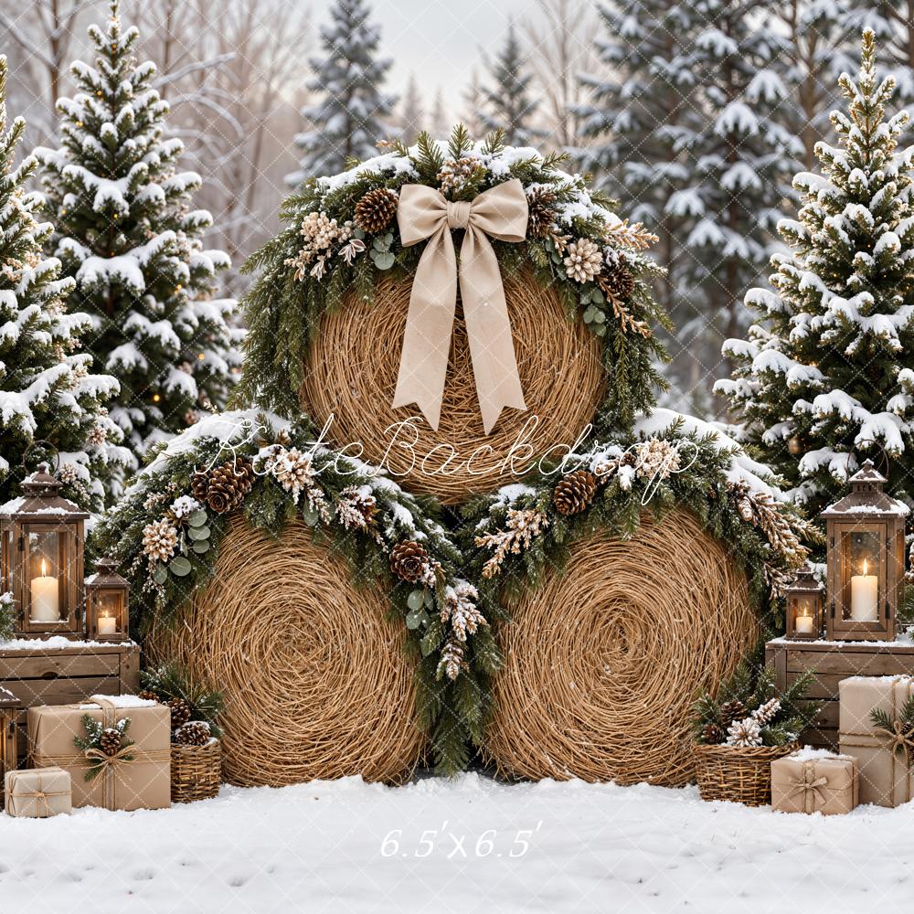 Lightning Deal Kate Christmas Hay Bale Snowy Pine Trees Wreath Gift Lanterns Printed Backdrop Designed by Emetselch