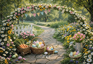 Kate Easter Bunny Flower Arch Garden Eggs Printed Backdrop Designed by Mini MakeBelieve