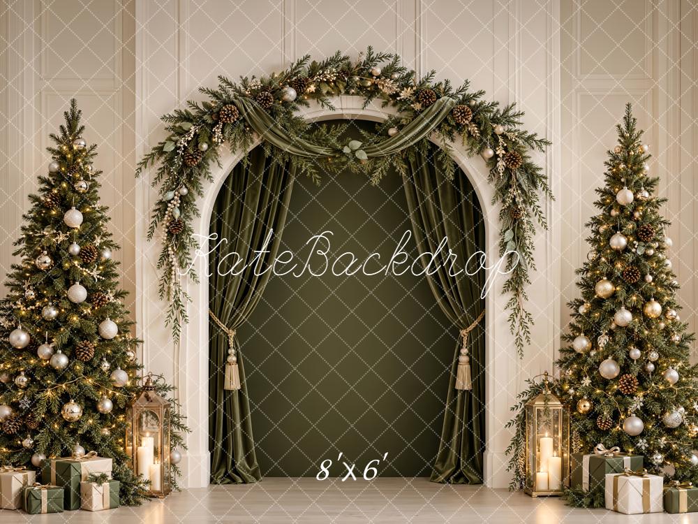Kate Christmas Evergreen Garland Arch Twin Trees Green Printed Backdrop Designed by Emetselch